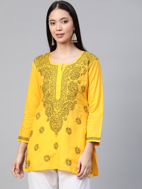 

ADA Women Yellow & Green Chikankari Embroidered Pure Cotton Straight Sustainable Kurti