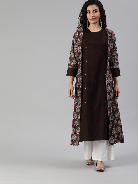 

Indo Era Women Brown Solid Mirror Work Straight Layered Kurta with Ethnic Jacket