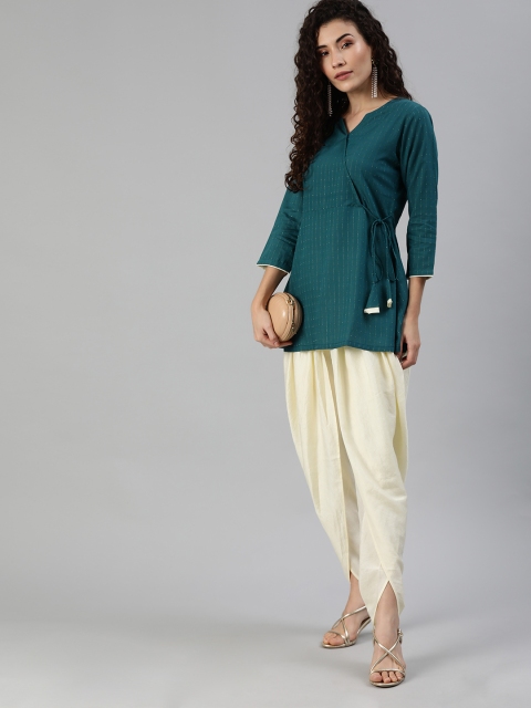 

Indo Era Women Teal Blue Woven Design Top with Dhoti Pants