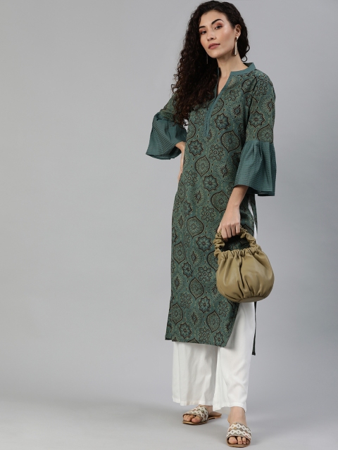 

Indo Era Women Green & Grey Melange Printed A-Line Kurta