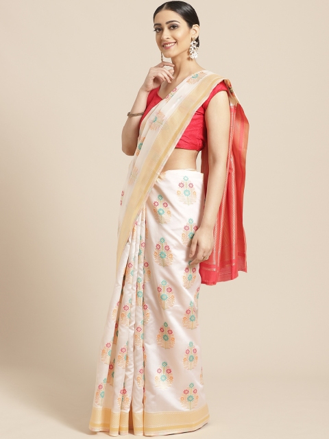 

SHAVYA Red & White Pure Silk Zari Woven Design Onam Kasavu Saree, Off white