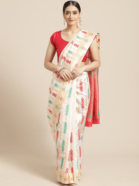 

SHAVYA Off-White & Red Pure Silk Zari Woven Design Onam Kasavu Saree