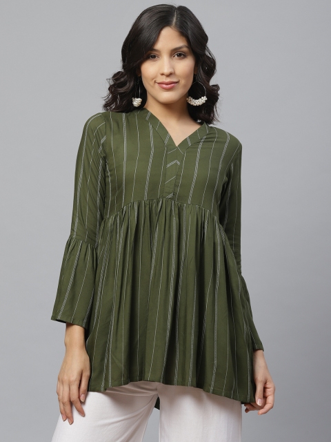 

Libas Women Olive Green & White Striped A-Line Kurti