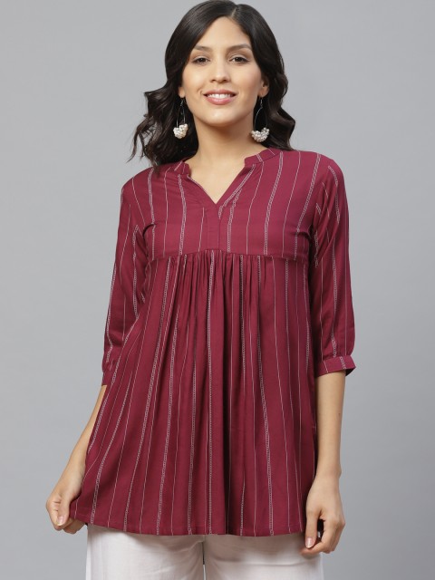 

Libas Women Maroon & White Striped A-Line Kurti