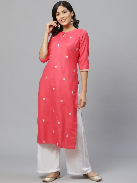 

Libas Women Pink & Off-White Embroidered Straight Kurta