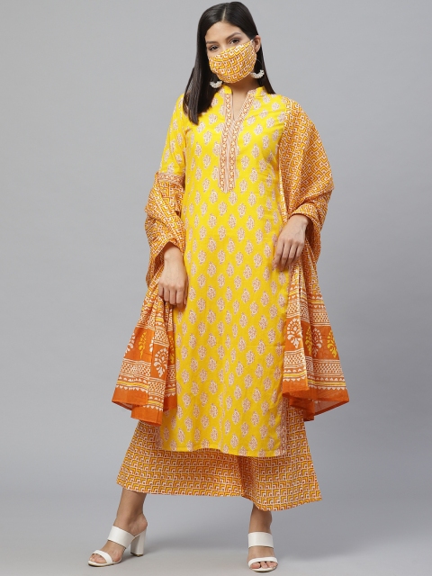 

Libas Women Yellow Orange Printed Kurta Set With Dupatta