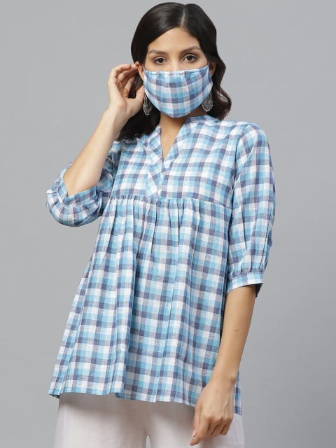 

Libas Women Blue & White Checked A-Line Kurti with Mask