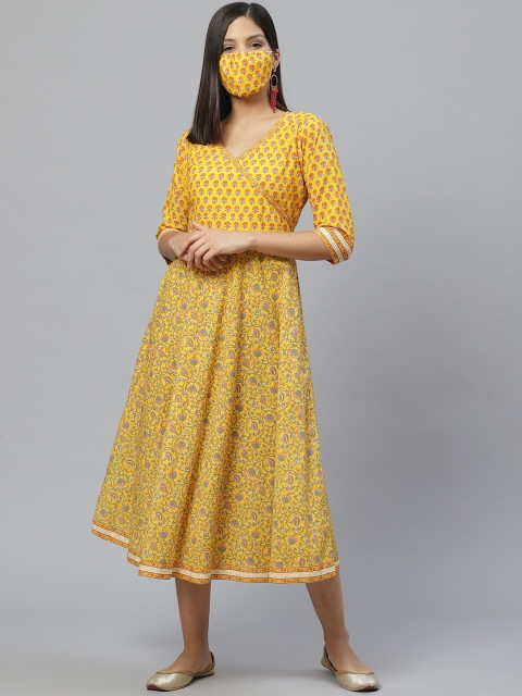 

Libas Women Yellow Orange Printed Wrap Dress