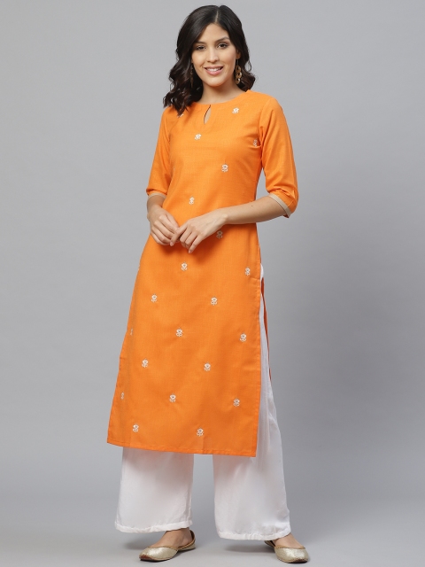 

Libas Women Orange & Off-White Embroidered Straight Kurta