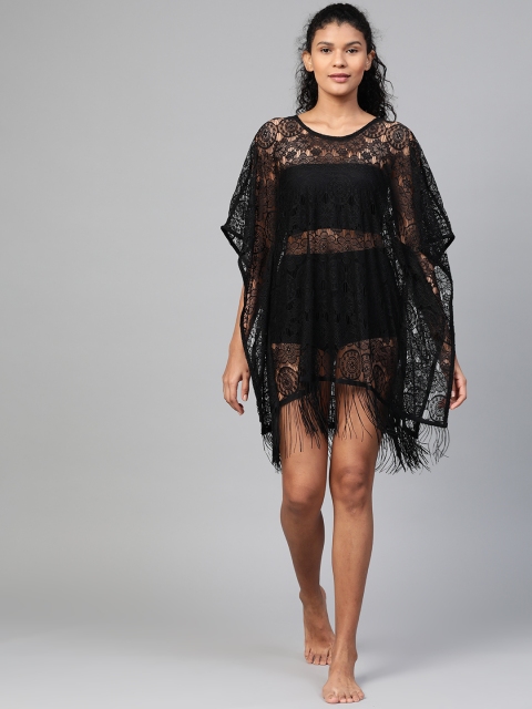 

Marks & Spencer Women Black Lace Self Design Cover-Up Fringed Swim Dress
