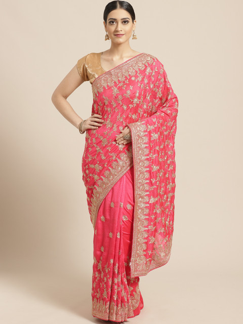 

PACHE Coral Pink & Golden Zari Floral Embroidered Saree