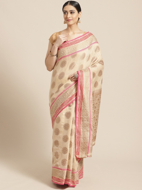 

PACHE Beige & Pink Woven Design Banarasi Saree
