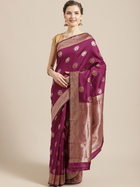 

PACHE Burgundy & Golden Zari Woven Design Banarasi Saree, Purple