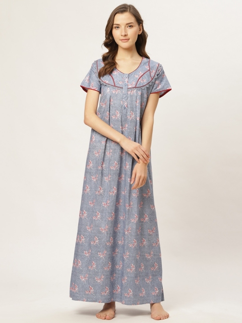 

Sweet Dreams Blue & Peach-Coloured Leaf Print Maxi Nightdress
