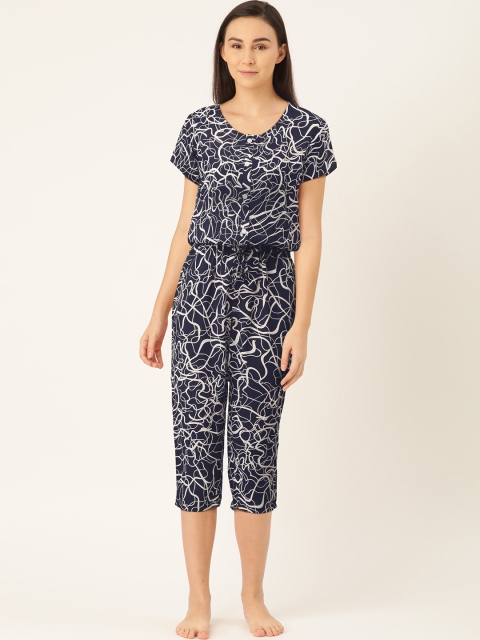 

Sweet Dreams Women Navy Blue & White Printed Lounge Capri Jumpsuit
