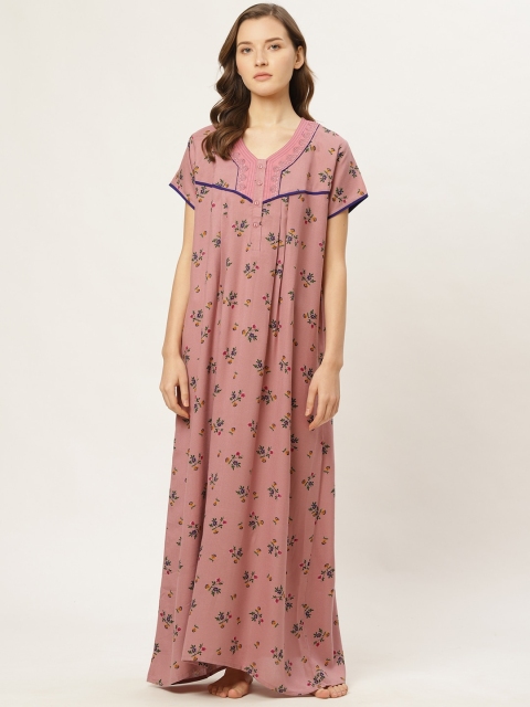 

Sweet Dreams Women Dusty Pink & Mustard Yellow Floral Print Maxi Nightdress