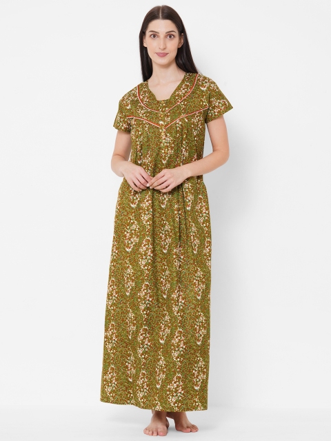 

Sweet Dreams Olive Green & Red Cotton Printed Maxi Nightdress