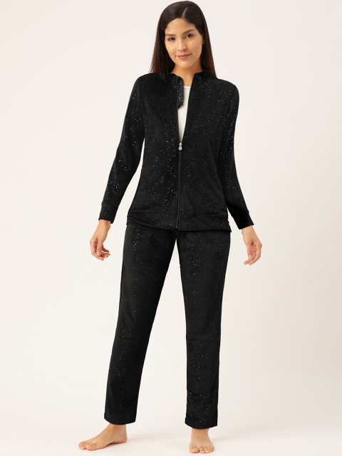 

Sweet Dreams Women Black Printed Velour Finish Night suit