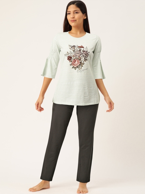 

Sweet Dreams Women Sea Green & Charcoal Grey Floral Printed Night suit
