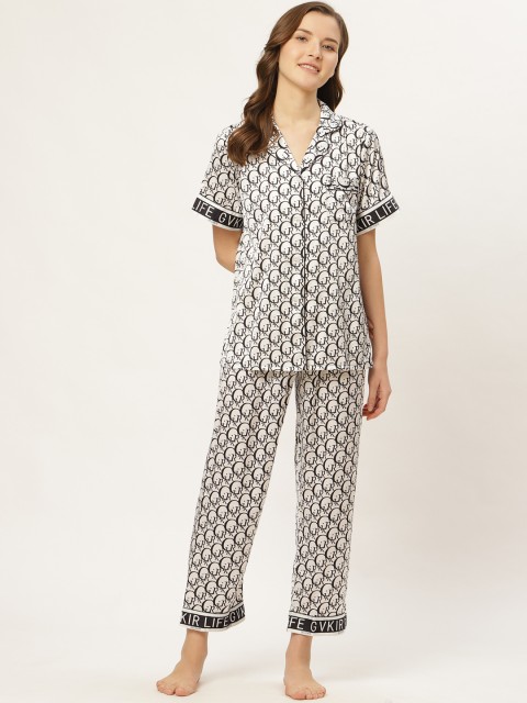 

Sweet Dreams Women White & Black Satin Finish Printed Night suit