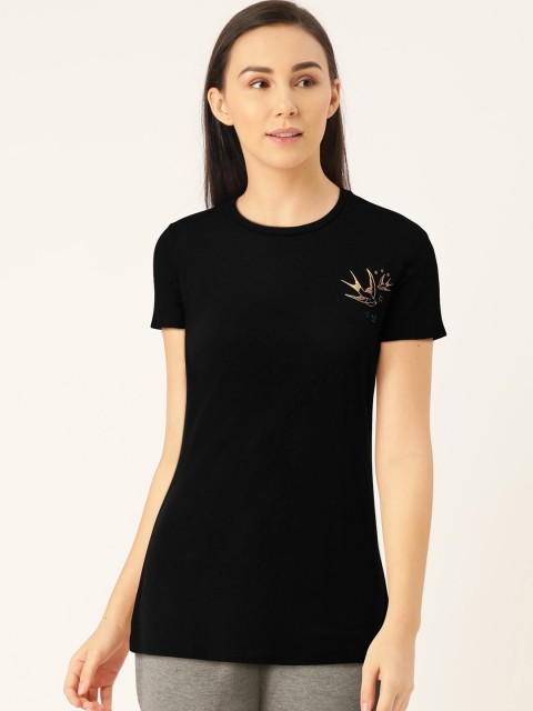 

Sweet Dreams Women Black Solid Lounge T-shirt with Bird Print Detail