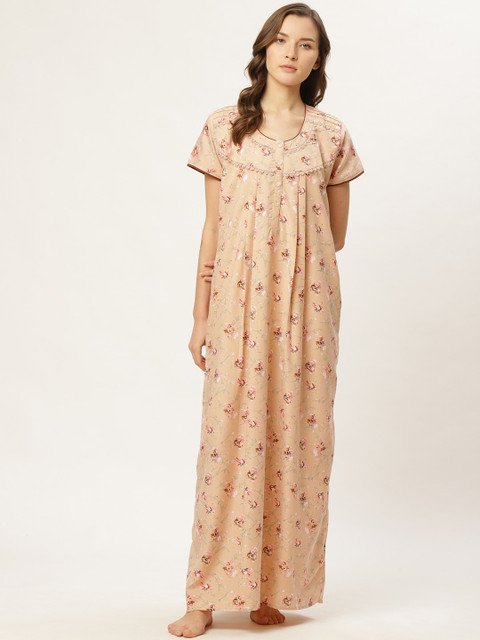

Sweet Dreams Women Beige & Pink Floral Print Maxi Nightdress