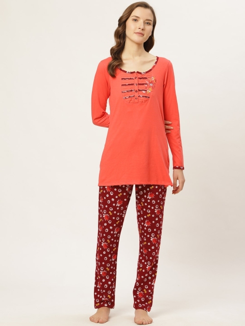 

Sweet Dreams Women Coral Orange & Maroon Solid Night Suit