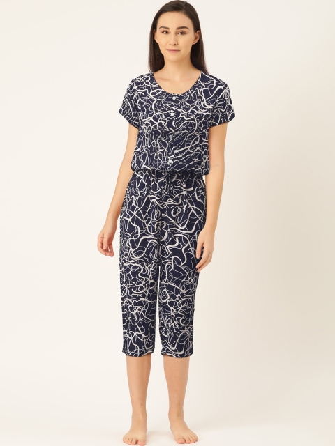 

Sweet Dreams Women Navy Blue & White Printed Lounge Capri Jumpsuit