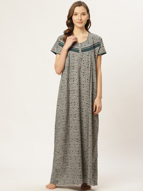 

Sweet Dreams Grey & Teal Green Floral Printed Nightdress
