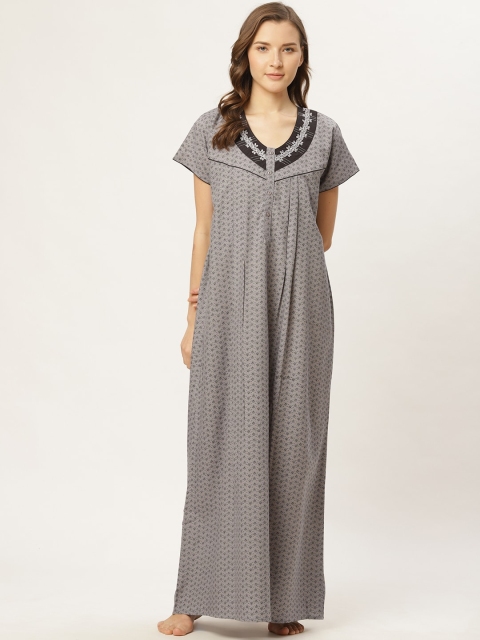 

Sweet Dreams Women Grey & Black Floral Printed Nightdress