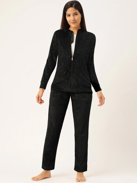 

Sweet Dreams Women Black Printed Velvet Finish Night suit