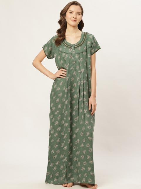 

Sweet Dreams Women Green & Beige Floral Print Maxi Nightdress