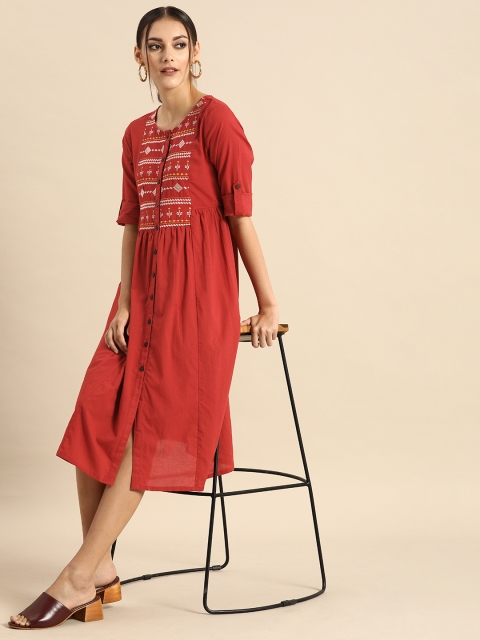 

Anouk Women Red Embroidered Pleated A-Line Dress