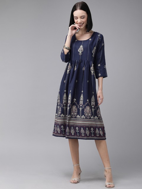 

Anouk Women Navy Blue Ethnic Printed A-Line Dress