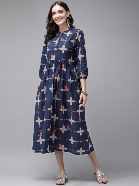 

Anouk Women Navy Blue Antiviral Finish Printed Fit and Flare Dress