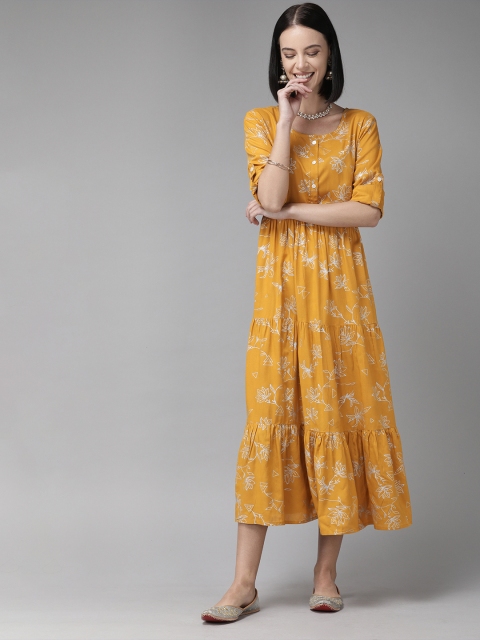 

Anouk Women Mustard Yellow & White Printed Fit and Flare Dress with Gathers