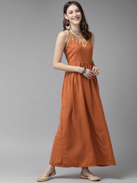 

Anouk Women Mustard Brown Solid Maxi Dress with Embroidery