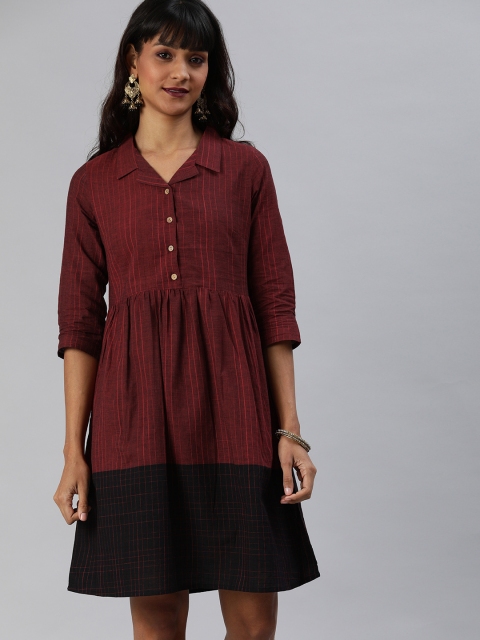 

Anouk Women Maroon & Black Colourblocked Gathered A-Line Dress with Pocket