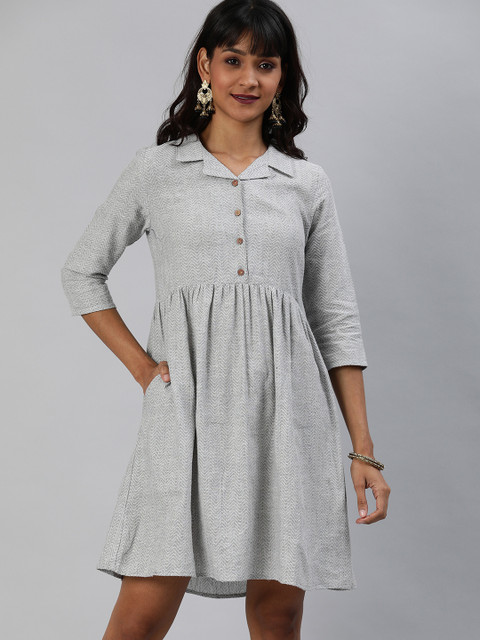 

Anouk Women Grey Self Design Gathered A-Line Dress with Pocket