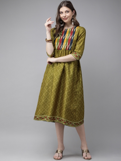 

Anouk Women Olive Green & Beige Printed Gathered A-Line Dress
