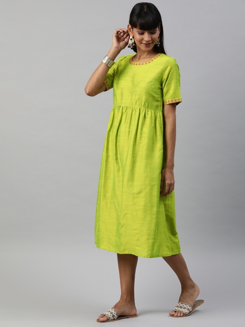

Anouk Women Lime Green Solid Fit and Flare Dress