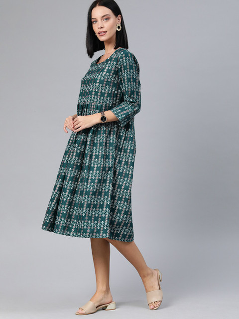 

Anouk Women Teal Green & White Printed A-Line Dress