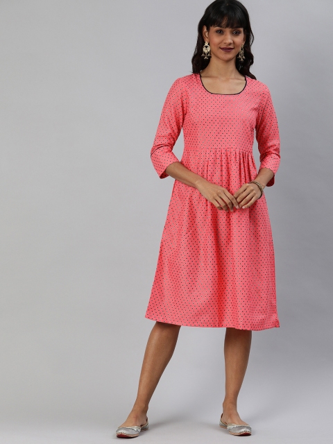 

Anouk Women Pink & Black Geometric Printed Gathered A-Line Dress with Pocket