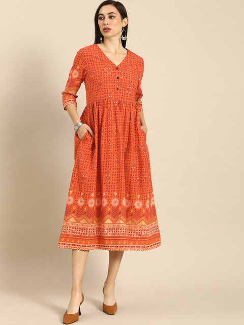 

Anouk Women Orange & Red Printed Fit and Flare Dress