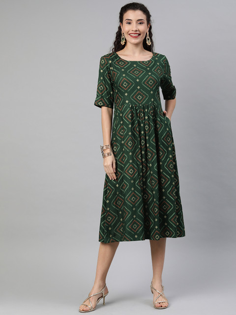 

Anouk Women Green Printed Fit and Flare Dress