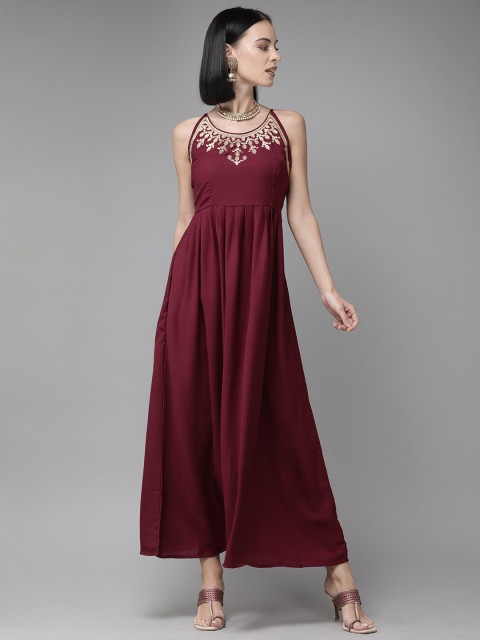 

Anouk Women Burgundy Solid Maxi Dress with Embroidery