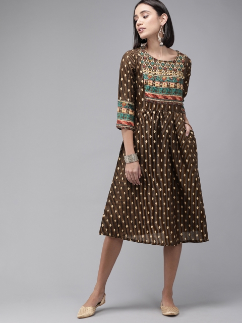 

Anouk Women Brown Printed A-Line Dress
