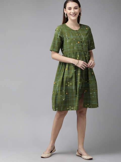 

Anouk Women Olive Green Checked Fit and Flare Dress