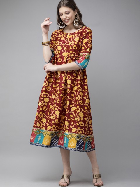 

Anouk Women Maroon & Yellow Printed Gathered A-Line Dress