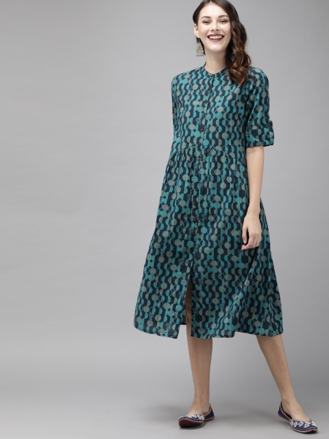 

Anouk Women Navy Blue & Green Printed A-Line Dress